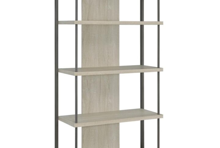 Keep your essentials and decor where you can show them off using this contemporary grey bookcase