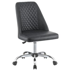 this office chair features a bucket style seat with a diamond tufted backrest and a smooth cushion.Capable of getting around the office