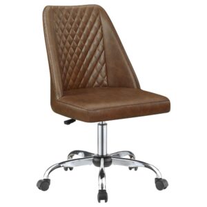 this office chair features a bucket style seat with a diamond tufted backrest and a smooth cushion.Capable of getting around the office