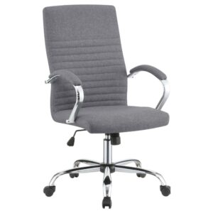 this grey office chair offers all the comfort you need for a productive workday. Its ergonomic design features padded armrests and a comfortably curved seat. The adjustable base sits on caster wheels that smoothly glide from place to place. The soft upholstery is brought to life by horizontal stitching for an extra touch of style. Any office space is sure to be elevated by the classic comfort this chair has to offer.