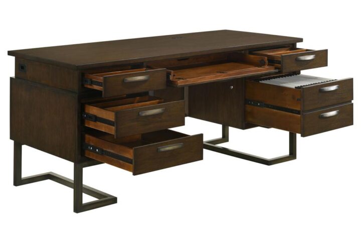 Engaging design meets ultimate functionality in this charming transitional executive desk for your home office. A dark walnut finish highlights intriguing design details that create a rich