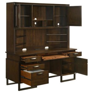 Complete your stylish home office with the designer elegance and optimized multi-functionality of a transitional credenza desk with a hutch. Various storage spaces include cabinets