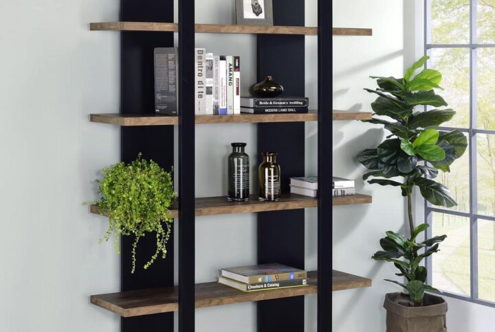Clean lines and a floating style elevate this contemporary bookcase into a truly stylish furniture piece. With an elegant two-tone finish