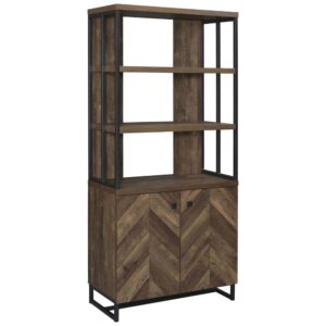 this bookcase is perfect for storing your home library collection. Designed with a rustic oak finish and a diagonal-like herringbone pattern that catches the eye. Accented by a slim and sturdy heavy gauge steel frame in a gunmetal powder coated finish