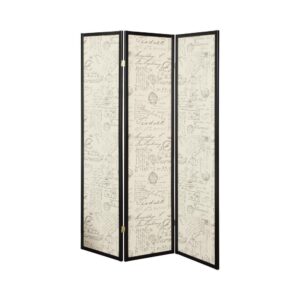 it stands out and gets noticed. Printed French script fabric panels contrast beautifully with black frames and deliver a romantic vintage feel. Side hinges allow each panel to fold in a configuration to suit your tailored needs.