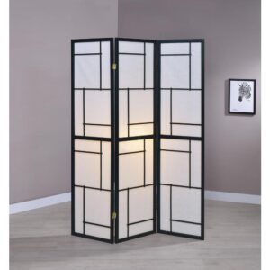 this three-panel folding screen offers a standout effect. Contrasting white and black lines form a geometric pattern in each panel. A black frame offers a delightful contrast. Adjust panel positions to create a room divider or an impressive decor piece.