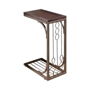 this snack table doubles as an end table and delivers portability with style. Ornate elements on its burnished copper finish base notch up the design factor and create a compelling look perfect for everyday use. A brown finish rectangular top hosts snacks