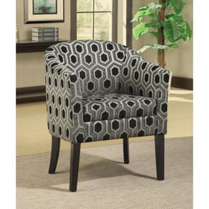Pull out the retro design blueprint and add this accent chair to the mix. A busy print in grey and white dazzles within a monotone or colorful blend of surrounding furnishings. Retro in style
