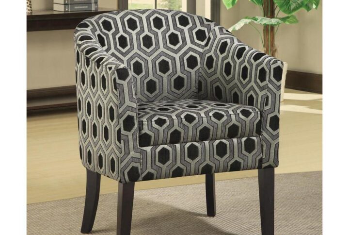 Pull out the retro design blueprint and add this accent chair to the mix. A busy print in grey and white dazzles within a monotone or colorful blend of surrounding furnishings. Retro in style