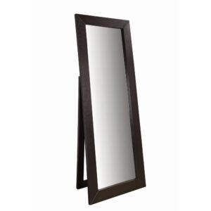 dark cappuccino finish frame with a back support. Its beveled frame adds a dimensional effect and artistic appeal. Place this exceptional mirror in a bedroom or living area.