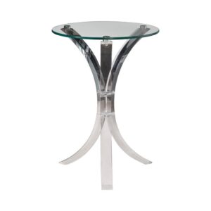 this clear accent table is perfect for adding an elevated coffee shop casual feel to any living room. With delicate curves