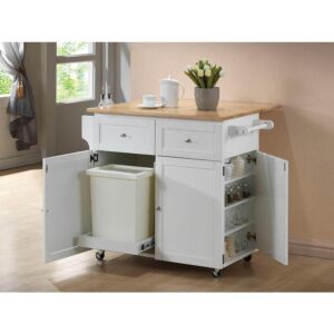 this kitchen cart organizes tasks and storage options into one central unit. Solid rubberwood offers a stylish composition that shows off a butcher block work surface. Fresh white and natural brown finish deliver decor versatility. Keep tasks simple with a towel rack