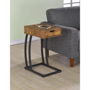 Designed for convenience and styled for optics. This accent table blends the best of architecture and earthy ambiance. Antique nutmeg finish wood offers a rustic look in a tabletop unit with storage drawers. Blended with a sleek dark metal frame