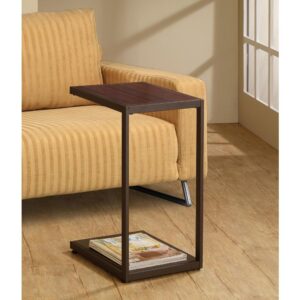 Make it easy to relax and enjoy entertainment without leaving the sofa. This snack table offers a handy way to serve while visiting and watching television. An angular shape delivers service on its top try and a bottom base that slides beneath a sofa or chair to provide easy access. Versatile dark brown offers a tasteful finish over a faux wood top