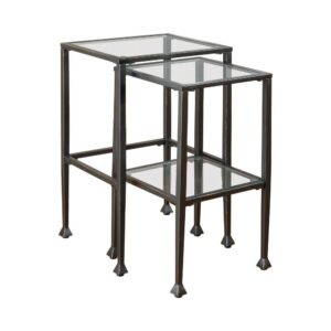 and nestle together between uses. This glass and metal nesting table set is a perfect choice for a transitional family room or living room.
