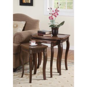 Elegance and romance combine to offer a tasteful decor addition. Add a graceful look to traditional spaces with this three-piece nesting table set. Ornate design upgrades include gentle contours on each leg and on beveled surfaces. Finished in warm brown