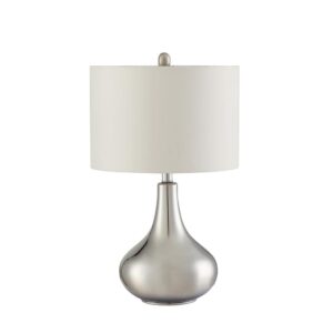 this table lamp is a perfect match for a custom designed space. Revel in the sensual look of a bottle silhouette with a teardrop base. A sleek chrome finish is radiant and inviting. Topped with a white drum shade