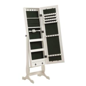 it also serves as a jewelry armoire. A four-inch deep jewelry box is built in to hold valuable accessories like watches and bracelets. The mirror is finished in white and tilts for convenience.