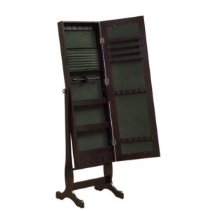 enough area to make sure you look good from head to toe. It also opens up to become a green felt-lined jewelry armoire with plenty of shelves and a small drawer. A built-in four-inch deep jewelry box protects valuables like necklaces and earrings. Finished in cappuccino