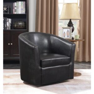 Freedom of movement adds a fresh upgrade to this swivel chair. Barrel-back design creates a comfortable seating experience and a tribute to retro fare. With dark brown leatherette upholstery