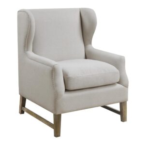 inspiring look offered by this beautiful armchair. A fluid silhouette with graceful curves adds softening touches to a minimalist design. Cream fabric upholstery delivers light radiance and a wonderfully versatile character. Tasteful light wood finish legs add to the neutrally refreshing flavor of this awesome chair.