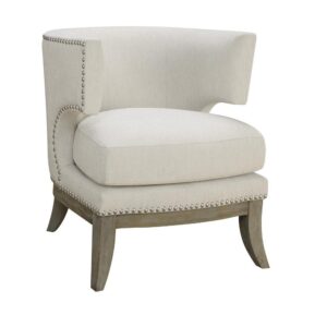 it conveys a regal look. Its stylish appeal comes from nailhead trim along the frame and cutout design on the side. Slightly flared legs feature a weathered grey finish. Upholstered in brilliant white chenille that matches any contemporary decor.