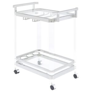 A serving cart is a delightful accoutrement for any home bar or indoor patio. This serving cart takes it to another level with an acrylic and metal frame finished in chrome. It features clear tempered glass shelves that's simple yet modern. Bottom shelf features wine bottle holders while top shelf features a stemware rack underneath. With convenient wheels