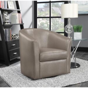 Bring a casual elegance to your contemporary living space. Comfort and style go hand in hand with this gorgeous swivel accent chair. A hint of retro design sneaks in to a barrel back minimalist profile wrapped in stunning champagne leatherette upholstery. A slight sheen gives off radiance and energy