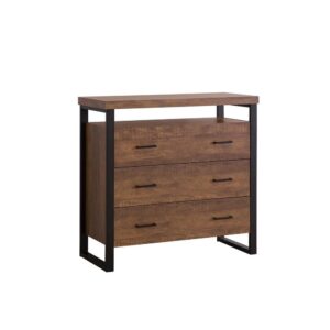 An accent piece is designed to accentuate or supplement the home decor. But this accent cabinet has a style and look that stands out. It features shelf space on top and just below for photos and a couple of decorative vases. Three spacious drawers with black accent handles are ideal for storing a sofa linen or other ornamental pieces. Features a black frame and legs that are a handsome contrast to the rustic amber finish.