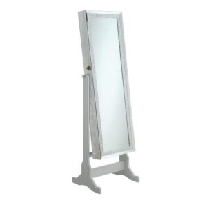 offering a beautiful silver finish to enliven any decor. The rectangular mirror features a lovely border sure to draw attention. Resting in a stand