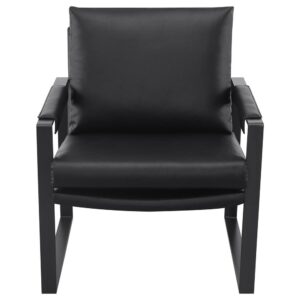 Cool modern style turns the Rosalind accent chair into a tasteful choice for your casual living room or home office. Begin with the lush feel of eco-friendly smooth vegan leather upholstery. This accent chair borrows from a retro motif yet updates any space with a carefree ambiance. Its gunmetal finished metal frame adds an open squared design on side brackets with strips of upholstery covering each armrest. Sit comfortably on a removable seat and lean against a back cushion with generous padding.