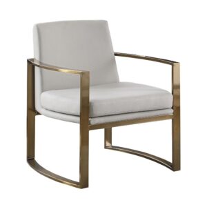 this accent chair will perk up your living area. Concave armrests bring a supportive and comfortable seating experience. They boast a brushed bronze finish and add rich curvature to a classic silhouette. Padded cushioning makes a delightful addition to the textured leatherette upholstery. Sleek and clean