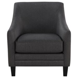 this accent chair is a superb choice for embellishing your modern living room or den. A sleek silhouette features gracefully cascading track arms and a straight back. Wood products build a sturdy frame with foam padding and versatile camel upholstery. An extra thick removable seat cushion features sleek piped trim. Black finish tapered wood legs add a fetching contrast.
