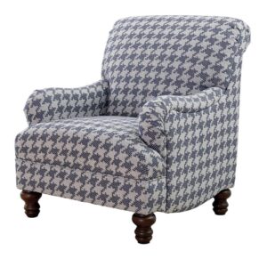 this chair impresses with a blue and light grey upholstered cover. A solid wood frame with a sinuous spring deck sets the stage for durability. Attached seat and back cushions remain stationary to prevent shifting. Offer upbeat personality and a whimsical touch to a modern space with soft elements in this enticing chair.