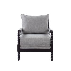 Careful attention to design detail brings a truly stylish look. Ornate elements on this accent chair offer an artistic feel that blends easily in a transitional space. A slender frame with a black finish features sweet beading to deliver romance and attitude. A lovely grey upholstered seat base and back pillow keep it simple and elegant. Stylize a family room or den with this charismatic chair.