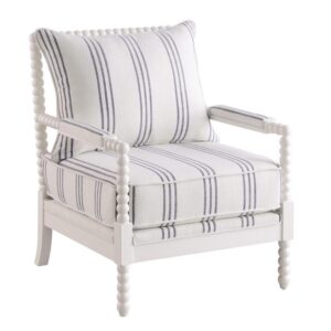this contemporary accent chair offers a cheerful look to any space. This accent chair offers comfortable seating with each cushion wrapped in a white linen-like upholstery accented with navy awning stripes. With a sharply designed frame that includes decorative spindle back posts