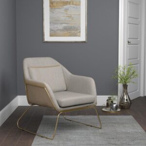 Add an inviting accent to your living room decor. This modern accent chair flaunts a bold silhouette and a magnificent mix of wonderful textures. The outside of this chair is wrapped in smooth leatherette. The inside is covered in soft