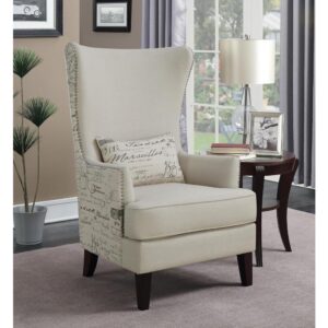 Make your signature design stamp known. Outfit a contemporary space with a tribute to artistic influence. This accent chair delivers a stylish European flavor with French script printed fabric wrapped around its back section. Upholstered in lovely neutral cream fabric