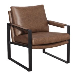 this accent chair makes an inviting seat for any space. An angled backrests and cushioned seat are wrapped in umber brown leatherette