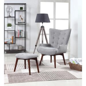 This accent chair with ottoman adds convenience and style to a home study or TV room. They both are gorgeously appointed in grey fabric with button tufting. The chair features a slightly flared