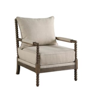 this accent arm chair makes a statement. Warm beige upholstery adds texture to the seat