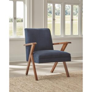 Go bold in both tones and silhouette when you add this fabric accent chair to your home. Chair is upholstered in soft dark blue fabric. Padded seat and back cushions provide hours of comfort. Rich brown armrests and legs offer warmth and support. It's a bold