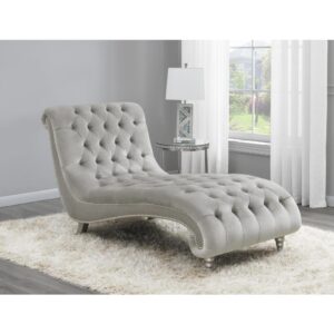 Grace your living area or master suite with this exceptional chaise lounge. Upholstered in luxurious grey velvet