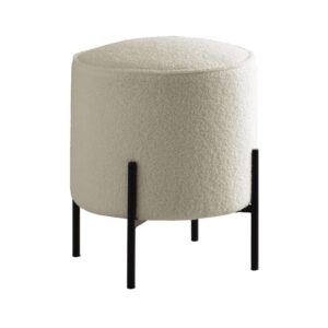 this modern ottoman offers extra seating in a contemporary style home. Wrapped in a faux sheep skin upholstery in a beige hue