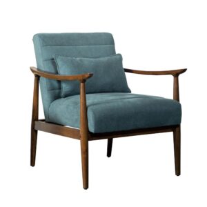 Soft upholstery and natural elements combine to create a striking accent chair. Its teal color gives it an interesting aesthetic vibe with cashmere-like upholstery. The natural wood frame of this armchair enhances the teal fabric. A matching supportive pillow comes included for additional support. This accent chair can easily enhance eclectic living spaces with a mid-century modern design.
