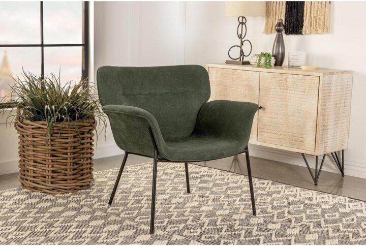 Transform your contemporary living room seating area with this mid-century modern bentwood style accent chair. Upholstered in a soft woven fabric across flared arms and a rounded backrest accented with a single horizontal tuft