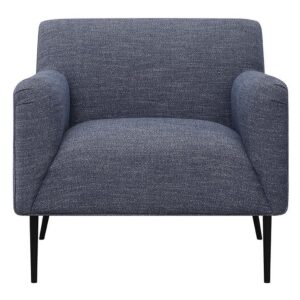 upholstered in a soft fabric throughout its rounded armrests