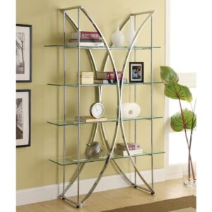 The ultimate in contemporary design rests in this eye-catching bookcase. Modern architecture meets art in a compelling silhouette blending arc-shaped and linear steel frames with clear tempered glass shelves. Four tiers offer ample space for displaying books