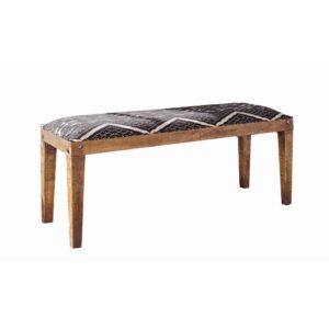 this modern natural bench emits a slightly rustic aura. The warmth of the wooden frame is enhanced by an exposed wood grain with decorative nail head details above the legs. Fun and bold