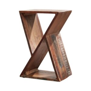 this reclaimed wood accent table is full of geometric details. With an hourglass-inspired shape